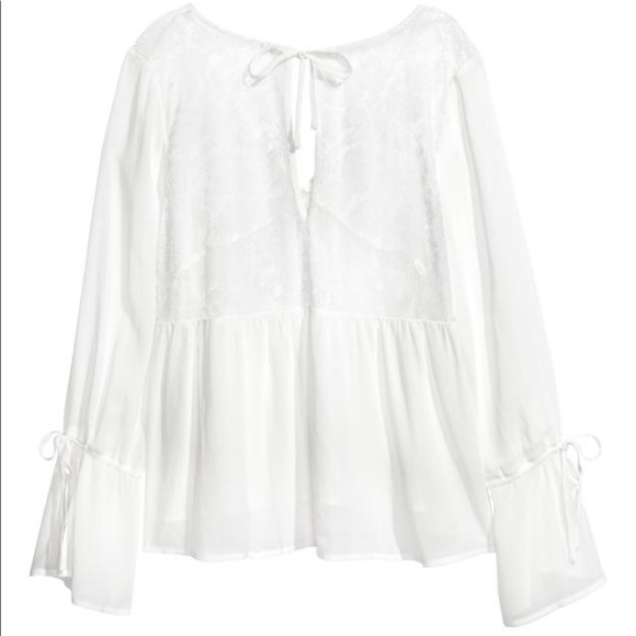 H&M WHITE LONG SLEEVE TOP SHIRT LACE V NECK - Picture 3 of 6